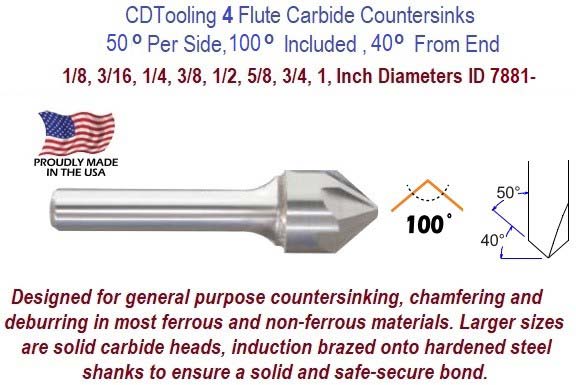 1/8 - 100 Deg Included - 4FL - Carbide Countersink - Pack of 5 - ID: 7881-334-001080