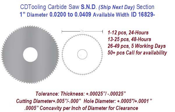 1 Inch Diameter 0.0200 to .0409 Width Range Solid Carbide Saws Ships in 24 Hrs