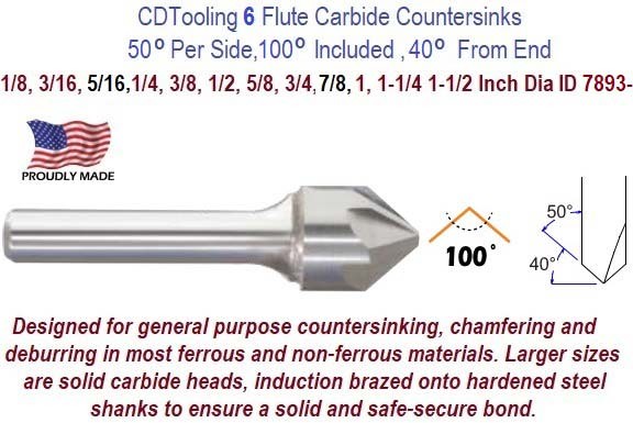 5/8 x 3/8 - 100 Deg Included - 6FL - Carbide Countersink - ID: 7893-336-007080